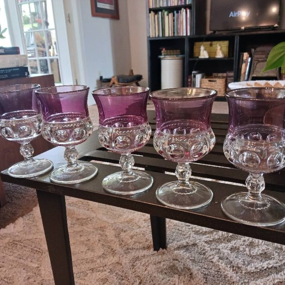Set of 5 Five King's Crown Goblets Glasses 5.5" Cranberry Purple Thumbprint